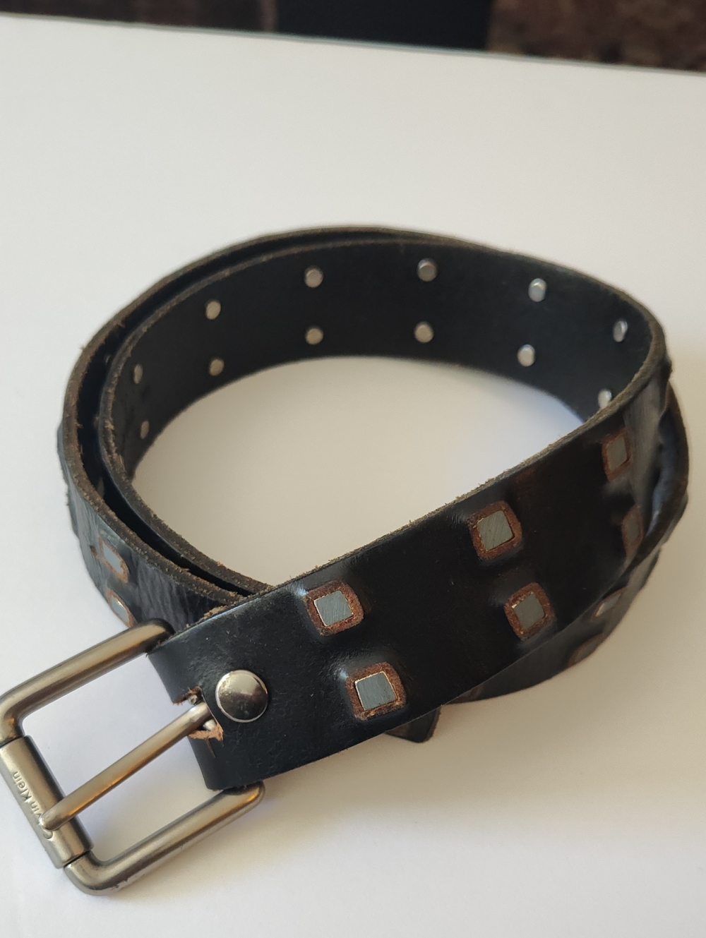 Guess Dark Brown Square Metal Stud Leather Belt Size 36